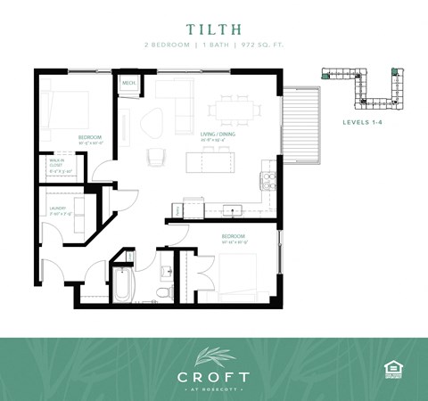 Floor plan for 2 beds, 1 bath, 972 sqft